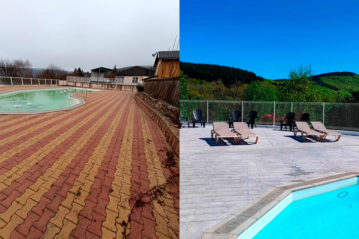 Béton imprimé dans la piscine d'un camping à Nages
